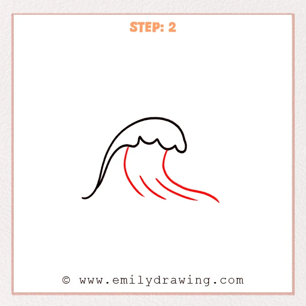 how to draw a cartoon ocean - Step 2 adds the main downward curve of the cartoon ocean wave body and three flowing motion lines sweeping to the right.